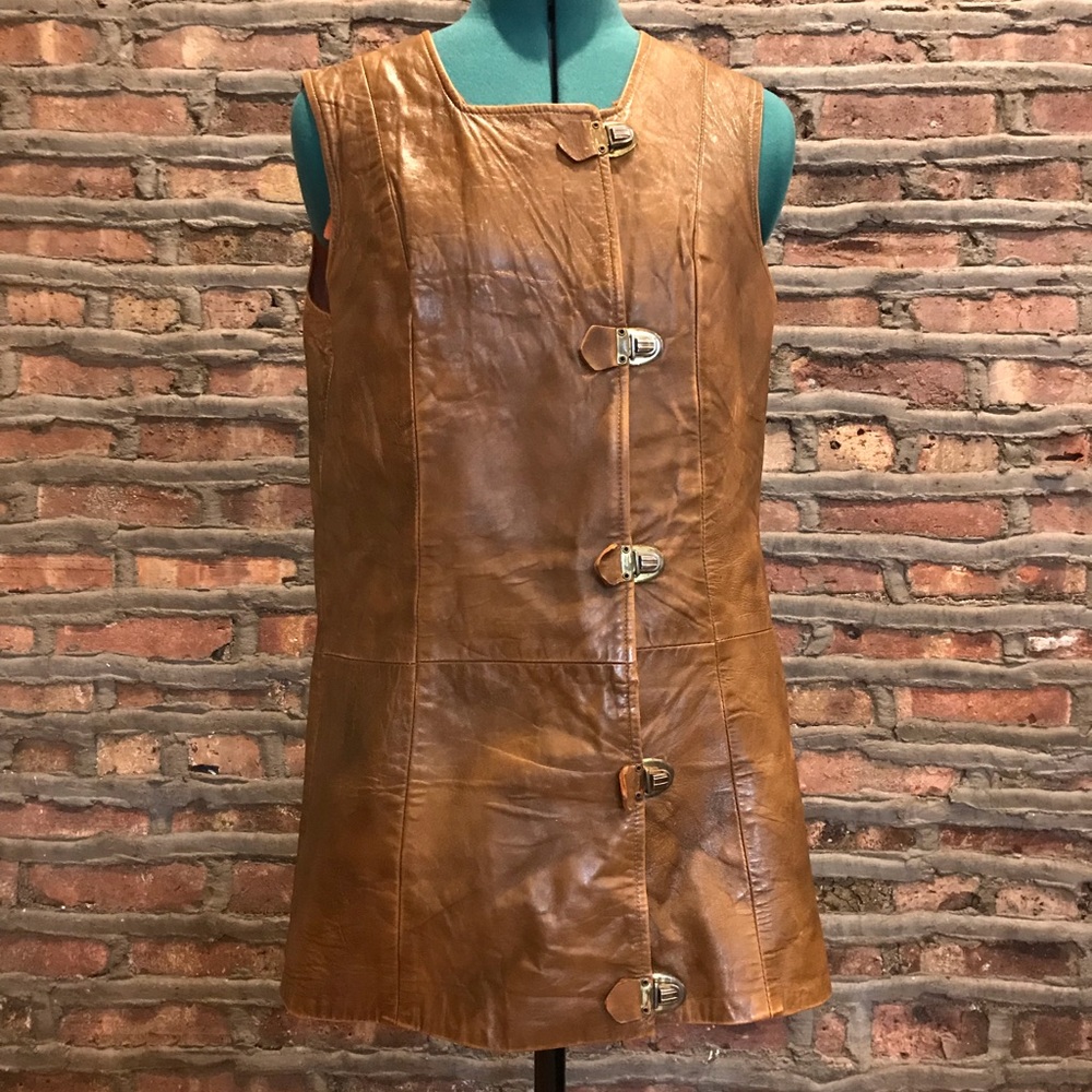 VTG 60’s Brown Leather Buckle Mini Dress M